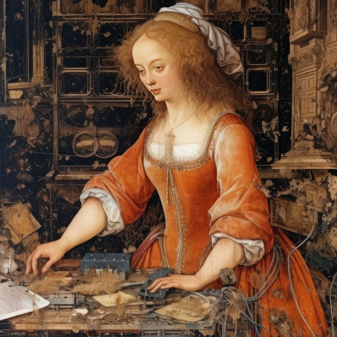 Materia Moda — a Renaissance figure fused with circuitry, by Ira Greenberg